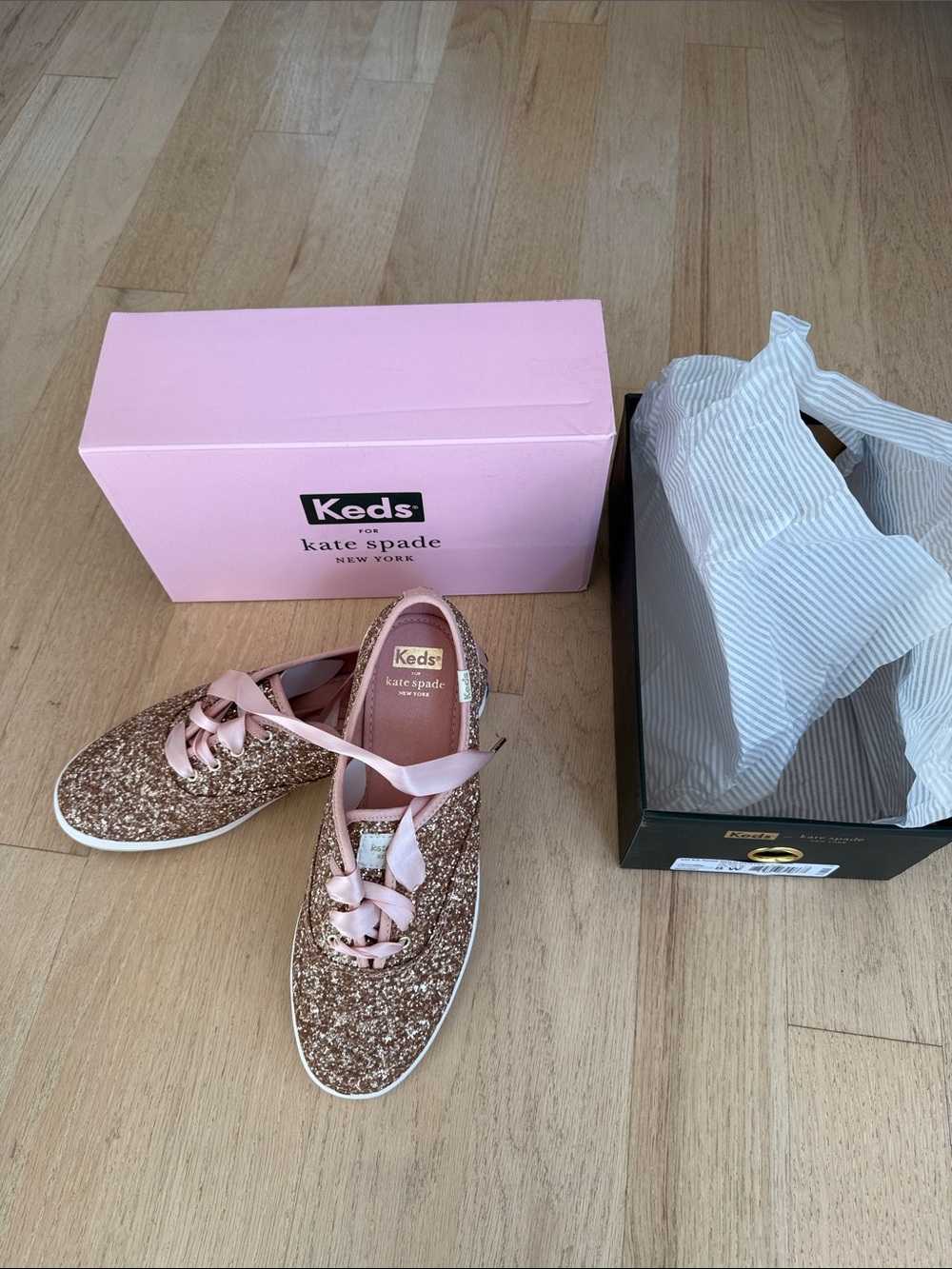 Keds x kate spade Rose Gold Glitter Sneakers with Pink Satin Laces